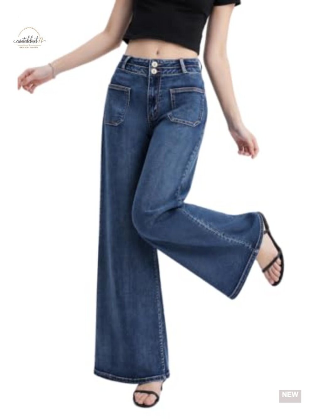 High Waist Wide Leg Stretchy Denim Jeans Double Button Loose Fit